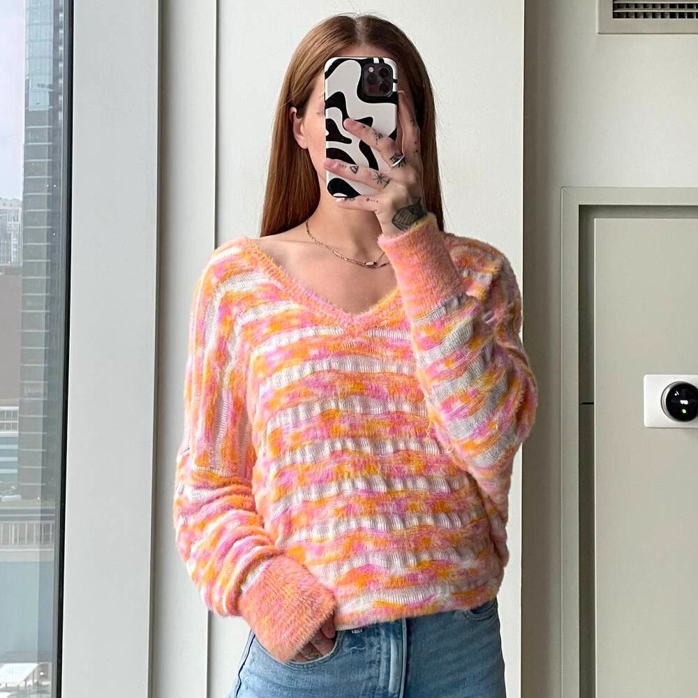 Free People Oversized Striped Sweater Pink Orange Fuzzy Knit V-Neck Pullover M